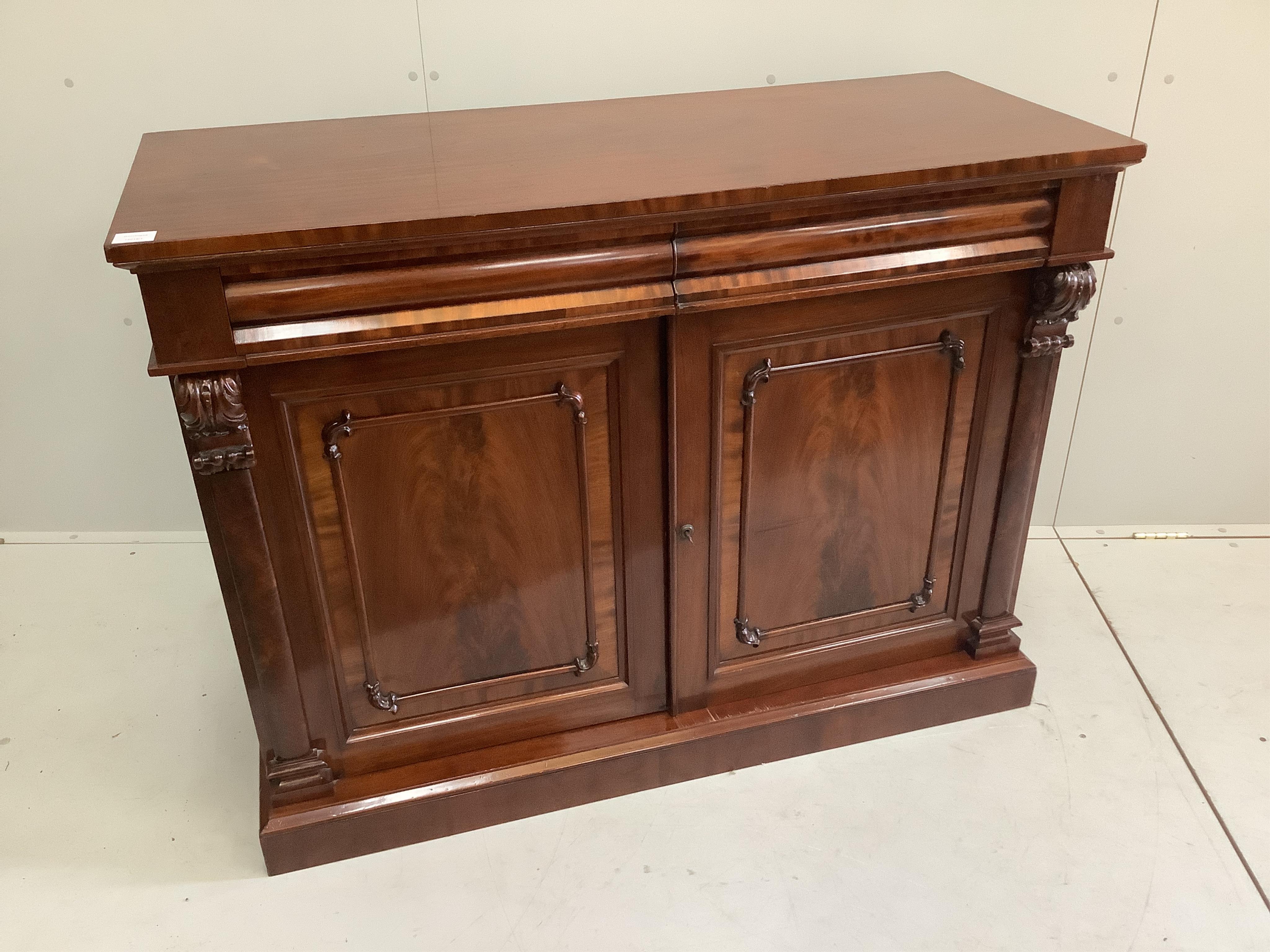 A Victorian mahogany chiffonier, with linen press style drawers, width 122cm, depth 50cm, height 92cm. Condition - good